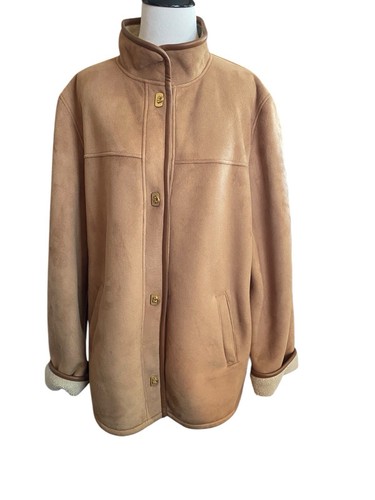 Talbots Faux Suede Fleece Jacket Women’s XL Tan Beige Sherpa Lined Front pockets - Picture 7 of 21