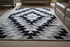 Diamond Cotton Rug Soft Black White Grey Hand Made Woven Harlequin 120cm x 180cm