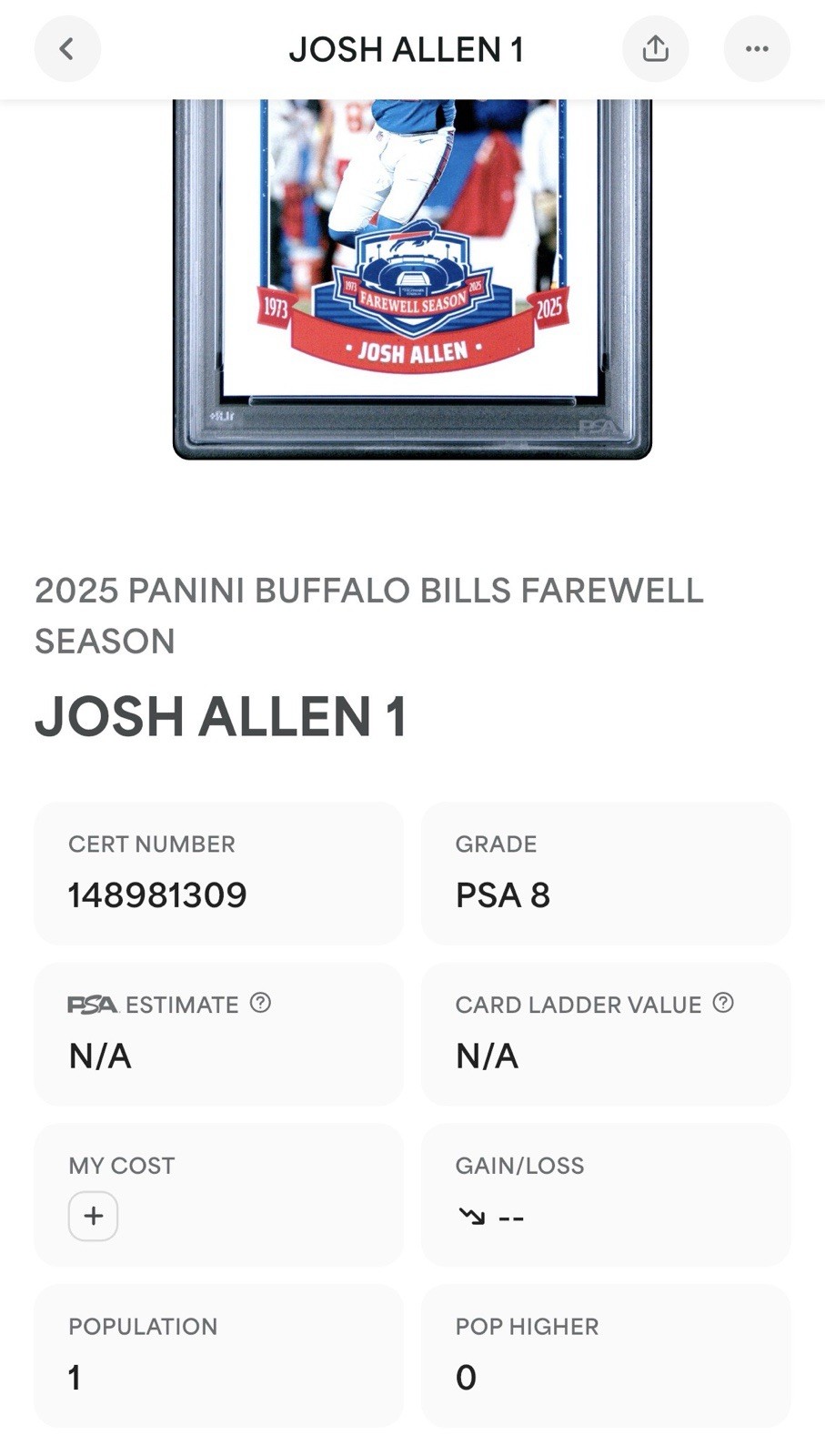 2025 Panini #1 JOSH ALLEN Buffalo Bills Farewell Season * RARE * PSA 8