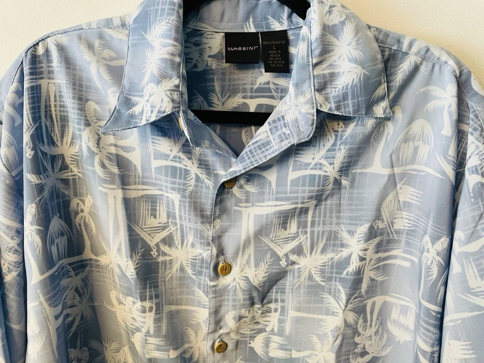 MASSINI Mens Hawaiian Shirt Large Blue Button Down Cabana Beach - Image 2 of 4