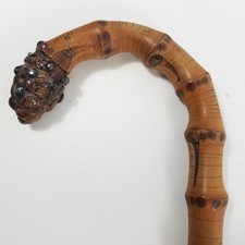 Antique Bamboo Root Burl Crook Cane Walking Stick Sterling Trim F C Co 35"