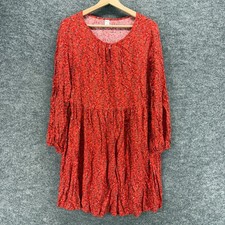 Old Navy Dress Women L Large Red Floral Shift Midi Rayon Long Sleeve Casual