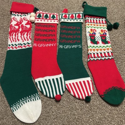 4 VINTAGE KNIT CHRISTMAS STOCKINGs STRIPED POMS Red Green White Grandma Grandpa