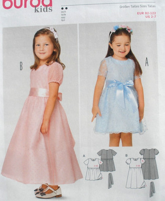Burda 9363 Child Girls 2-Layer Dress Fancy / Party Tea length Sash Sz 2-7 uncut