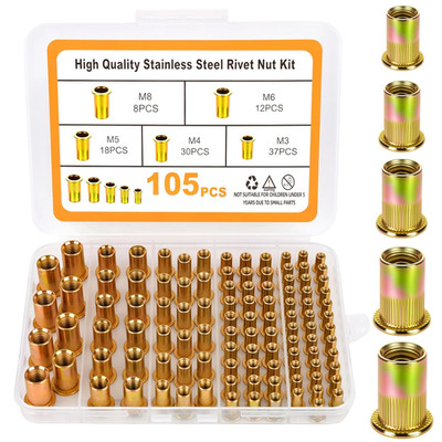 Metric Rivet Nut Assortment Kit, 105Pcs Stainless Steel SAE Rivet Nut, M3 M4 M5 