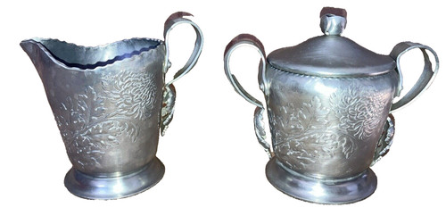 Hand Hammered Aluminum Chrysanthemum Cream & Sugar Set Country Farmhouse Vintage