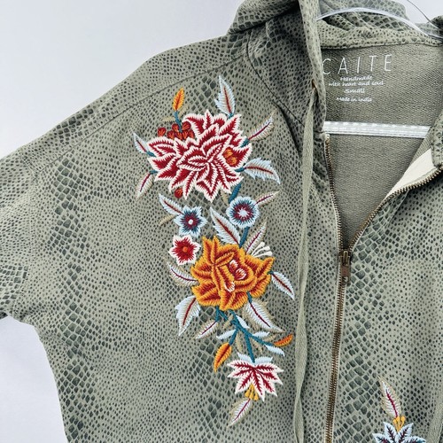 Caite Full Zip Hoodie Floral Embroidered Zip Jacket Boho Green Size S Handmade - Picture 5 of 14
