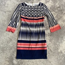 Eliza J Dress Womens Size 2 Bold Print Navy White Coral Multicolor Round Neck