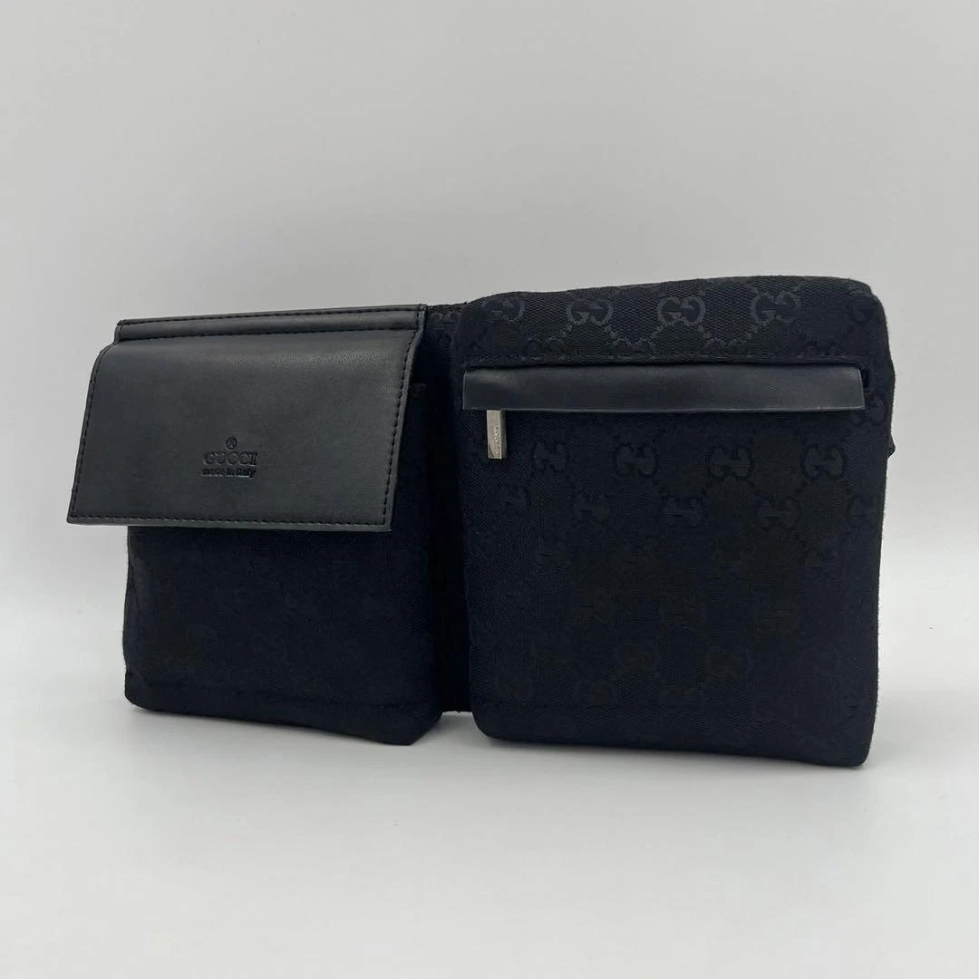 GUCCI GG Sac Taille Body Bum Ceinture Noir Toile Cuir Authentique Très Bon 1 Jour/S
