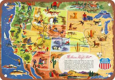 METAL SIGN - 1956 Union Pacific Vacations West Map - Vintage Rusty Look