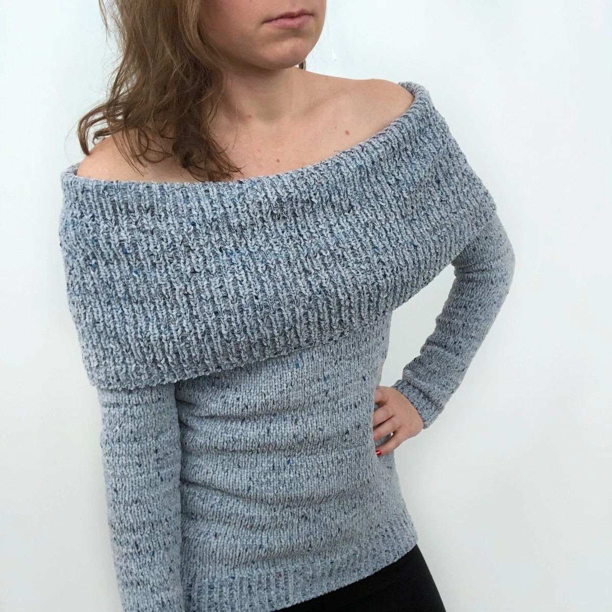 NWT LC Lauren Conrad Blue Marled Knit Chenille Off Shoulder Sweater Women s XS