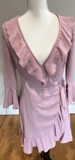 PrettyLittleThing Llisha Dusty Pink Frill Tea Wrap Dress Size 4 New With Tags