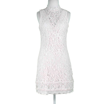 kensie white lace dress Kensie Dress Sz 6 Ivory White Lace Overlay Lined High Neck Cotton Dress