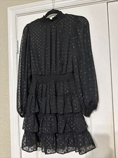 Express Women M Tiered Mini Dress Polka Dot Long Sleeve Black Ruffle Round Neck