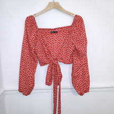 Shein Womens Top Red Size UK 12 14 Wrap Around Tie Front Polka Dot Cropped White