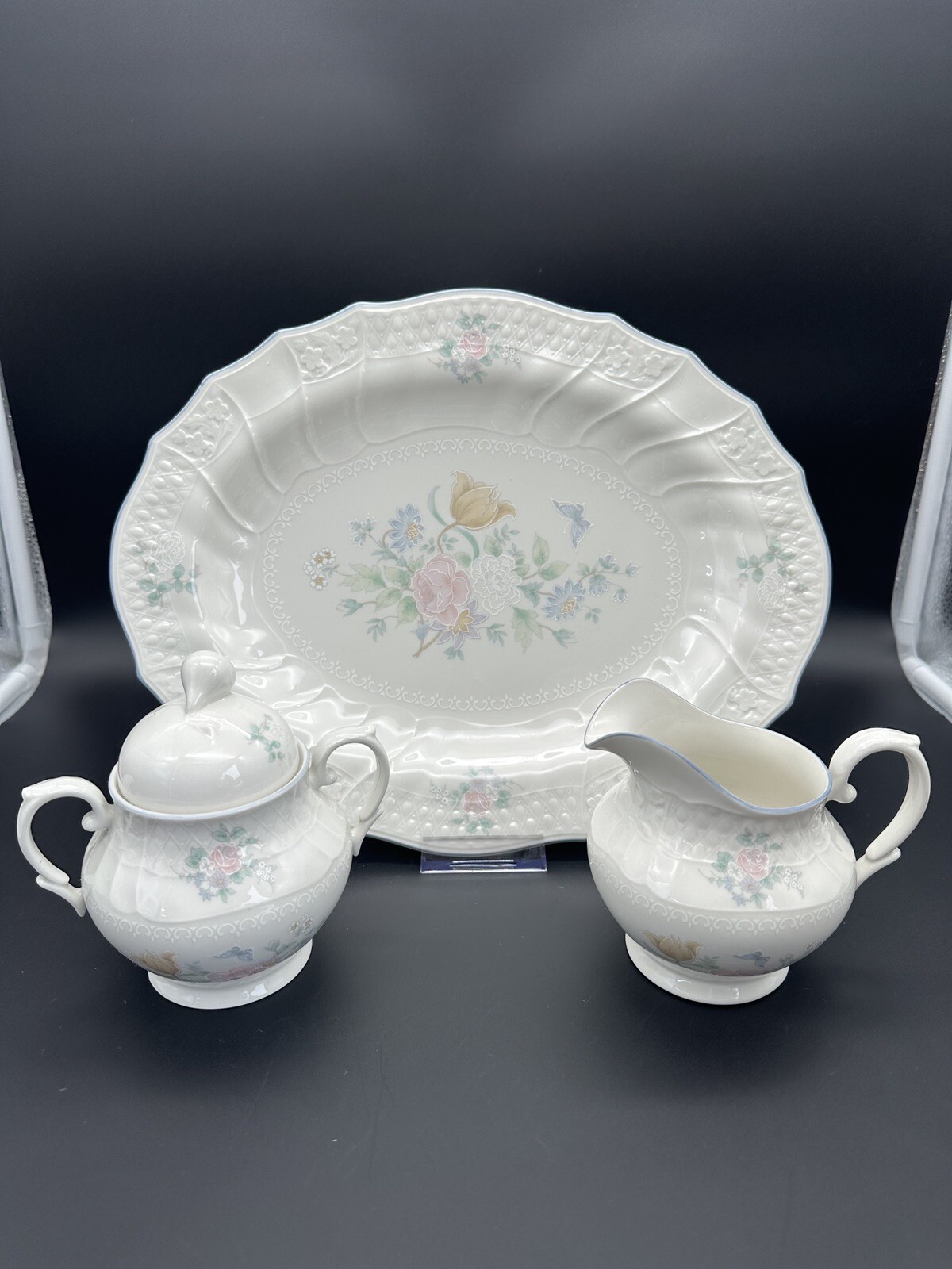 Royal Doulton Valencia Sugar And Cream Set With Platter 1983 Moselle