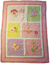 Handmade Baby Girl Blanket Lap Quilt Pink Flowers Butterflies Gingham Throw