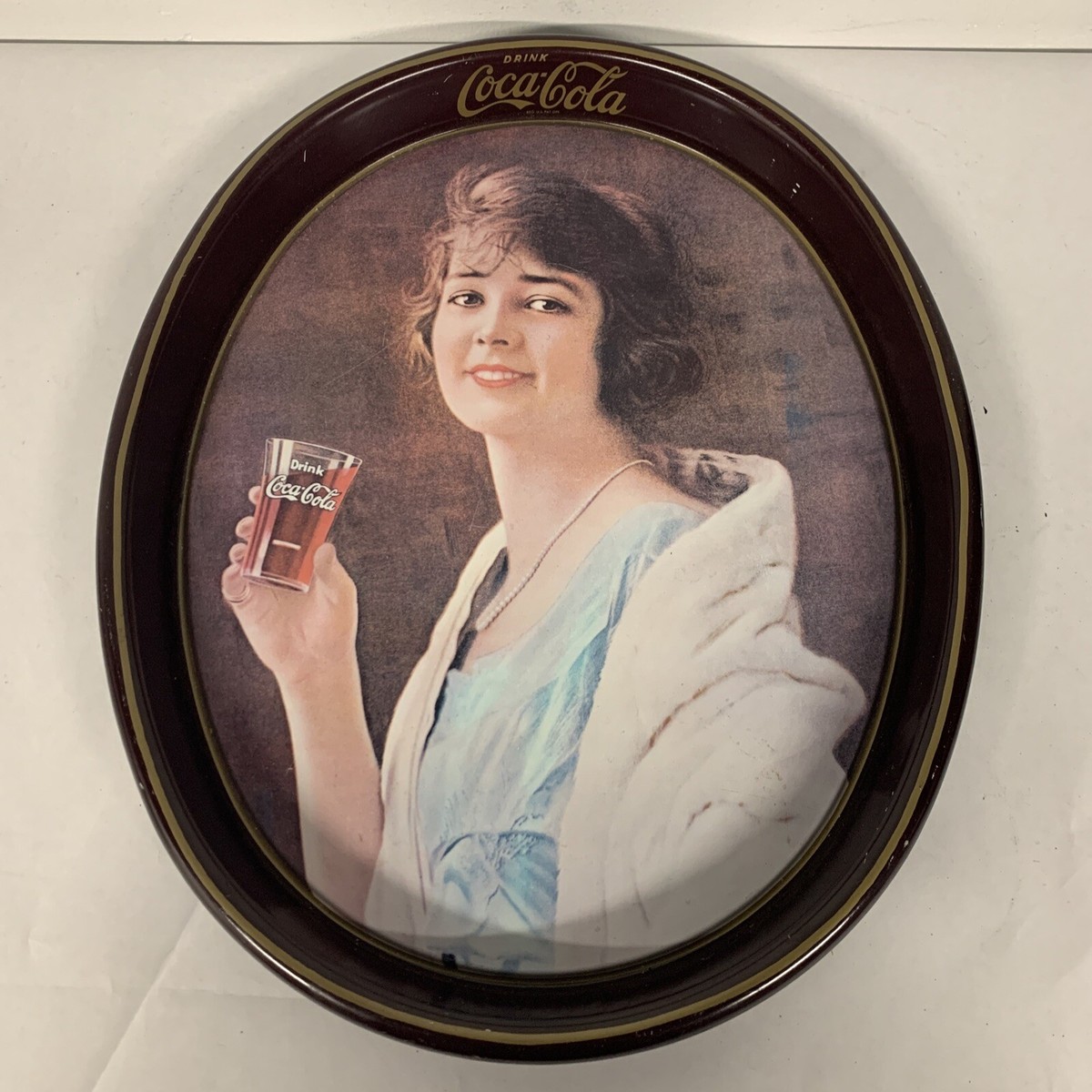 Vintage Drink Coca Cola Coke Tin Serving Tray Lady in Pearl