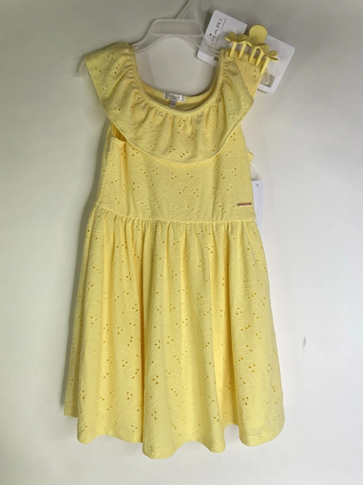 Tahari Girl Fit & Flare Dress Eyelet Yellow Matching Hair Claw Clip Girls Size 5