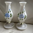 Vtg Milk Glass Hobnail Bedside Lamps. Handpainted Blue Rose Frosted Shade~Pair