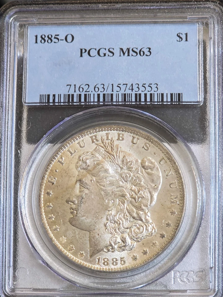 1885-O Morgan Silver Dollar $1 PCGS MS63 Textile Rainbow Monster EOR Toned Coin - Image 3 of 4
