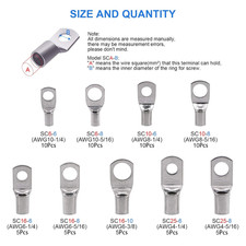 65Pcs Assorted Heavy Duty Wire Lugs Battery Cable Tinned Copper Eyelets Tubular