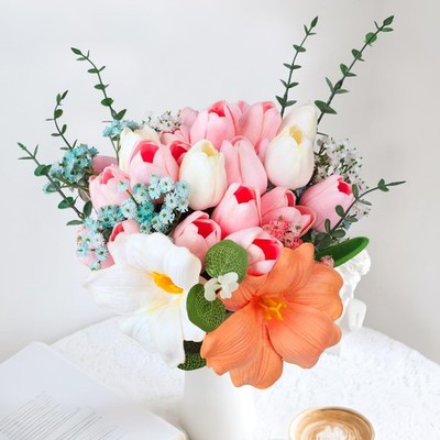 1 Pack Easter Decorations Artificial Flowers Vase Fake Tulips Bouquet Faux