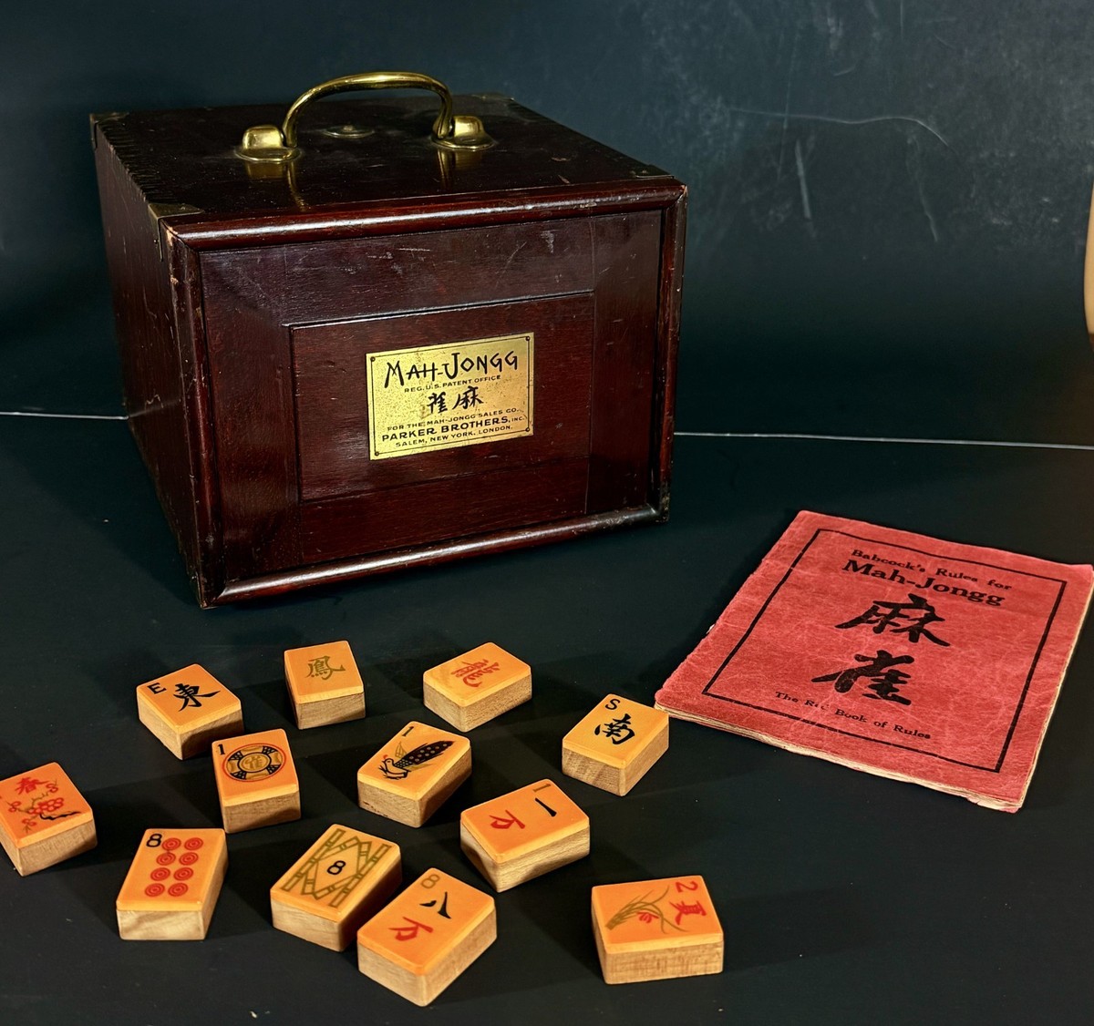 Antique China Mahjongg 5 Drawer Wood Box Set imported by Parker