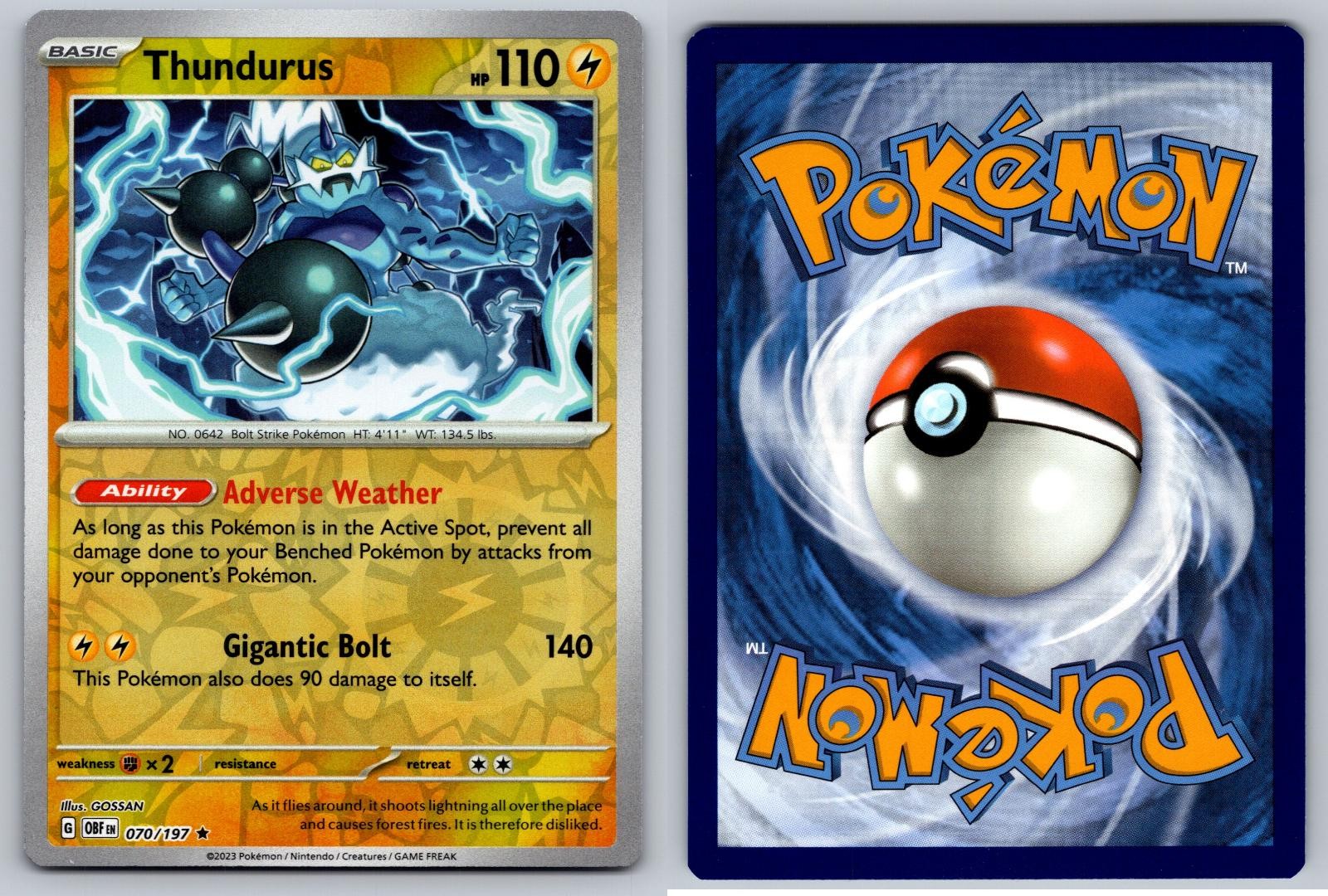 THUNDURUS 070/197 RARE OBSIDIAN FLAMES POKEMON REVERSE HOLO NM/M