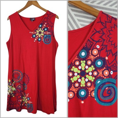 Coline Mini Dress Size XXL Floral Abstract Art Boho Hippie Red T-shirt Stretch