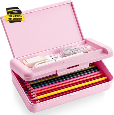 Pencil Box, Double Layer Pink Pencil Case, Large Capacity Plastic Crayon Box wit
