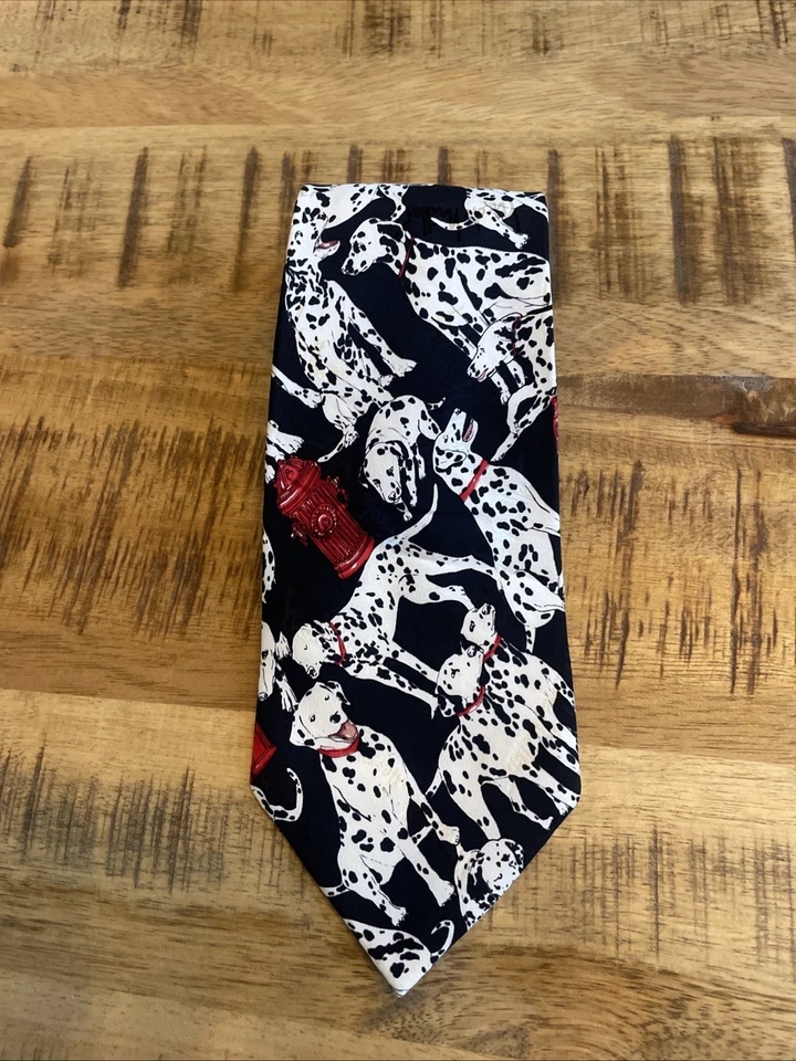 Corbata vintage 1996 Nicole Miller 100 % seda "Dalmations" unisex nueva sin etiquetas negra 55"x4" Foto 3 de 4