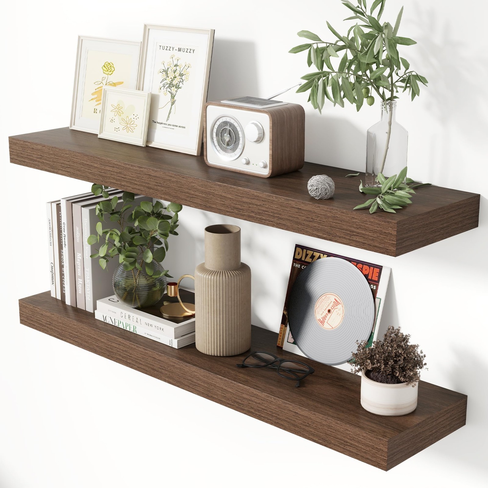 36 Inch Floating Shelves for Wall 8 Inch Deep Walnut Shelves Set of 2,Wall Mo...