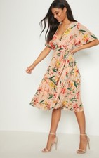PrettyLittleThing Pink Floral Pleated Midi Dress size 6 BNWT