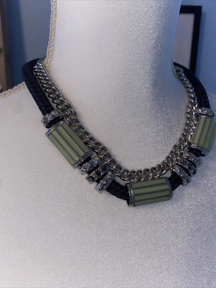 lia sophia Necklace Instaglam Statement Choker Blue Rope Green Silver 15-17" EUC - Image 3 of 4