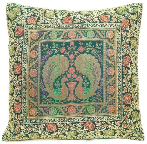 Handmade Hunter Green Peacock Cushion Cover Silk Brocade Pillow Sofa Throw 16" - Picture 5 of 6