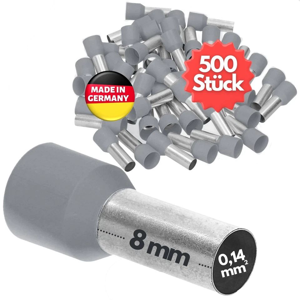 500 Stück Kalitec AE01408GR Aderendhülsen isoliert 0,14mm² grau 8mm Endhülse PVC