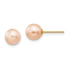Real 14K Yellow Gold 6-7mm Pink Round FW Cultured Pearl Stud Post Earrings