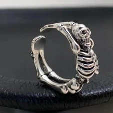 925 Sterling Silver Skull Ring Open Gothic Biker Jaw Adjustable Punk Jewelry
