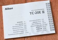 Nikon AF-s Teleconverter TCE-20 III User's Manual / Instruction Book NOT A COPY