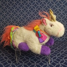 13" Unicorn Plush Stuffed Animal Rainbow ribbons Pink Mane Tail Laying