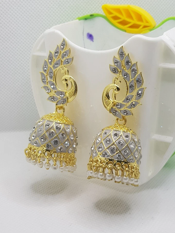Pendientes Gris Bollywood India Paquistaní Joyería Tradicional Jhumka Mujer Foto 3 de 4