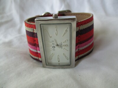 Foci Watch Rectangular Face Pink Colorful Fashion Striped Silver Toned WORKING!