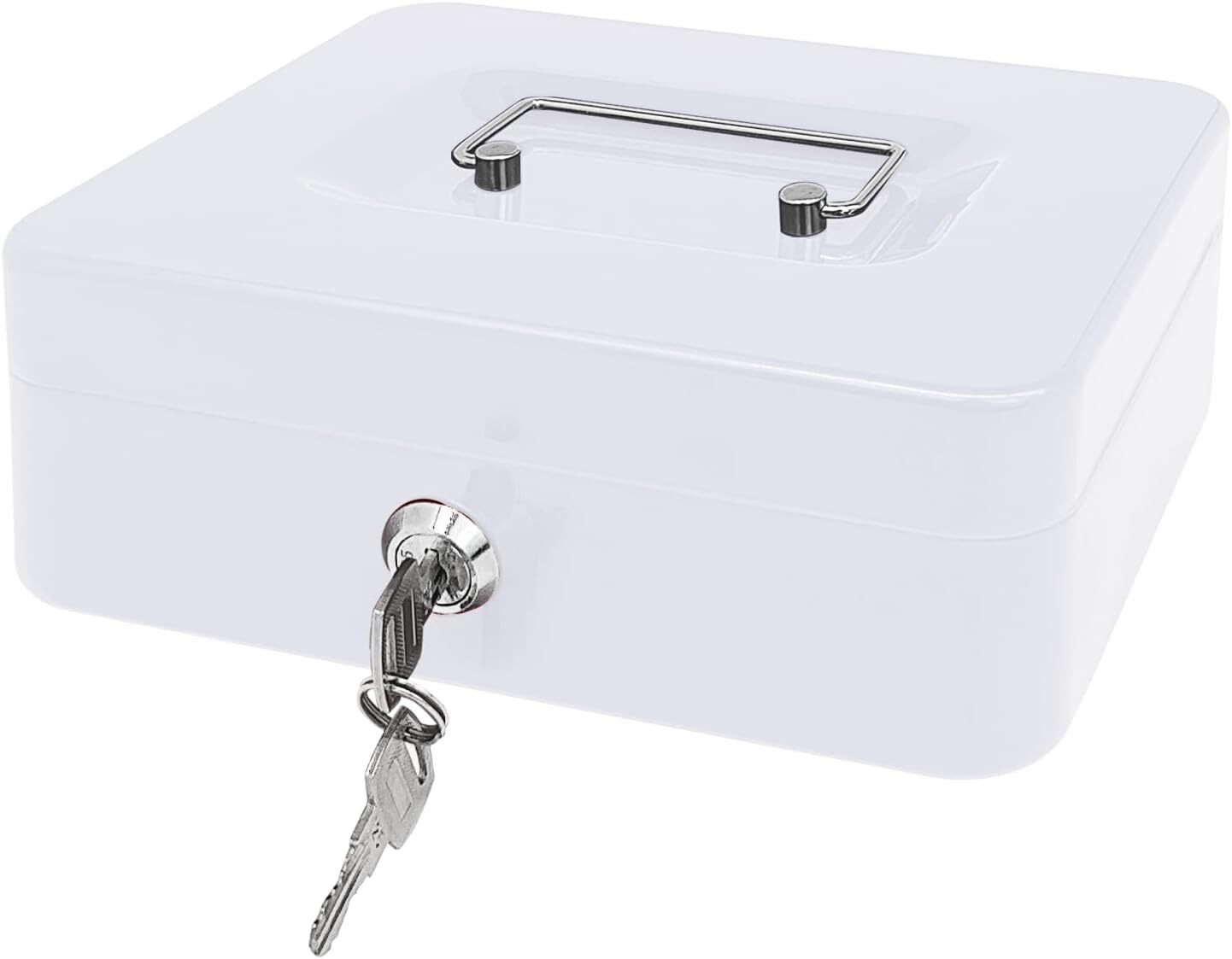 Steel Key Lock Metal Cash Box in White, 9.8x7.8x3.3 Inches, Secure Money Storage