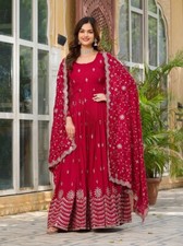 Indian Style Pure Vichitra Silk Gown With Red Dupatta For Reception Wear