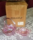 Pink Carnival Glass Double Handled Sugar Bon Bon Bowl Sawtooth + Basket In Box!