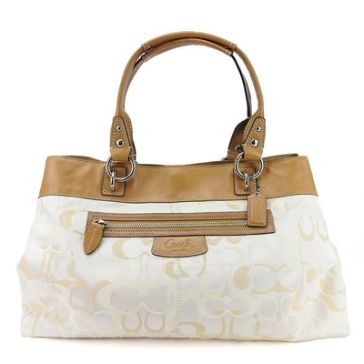Auth Coach Tote Bag F15122 Signature Canvas Leather Beige