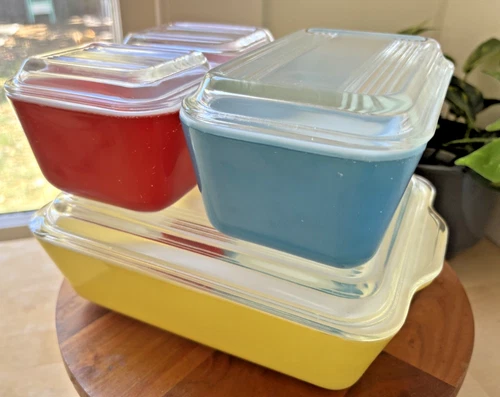 Vintage Pyrex Primary colors refrigerator dishes set 501 502 & 503 w/Lids
