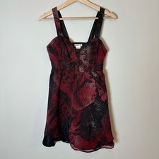Vintage Y2K Red Black Abstract Print Whimsygoth Mini Dress Grunge Lace Sz 1 XS