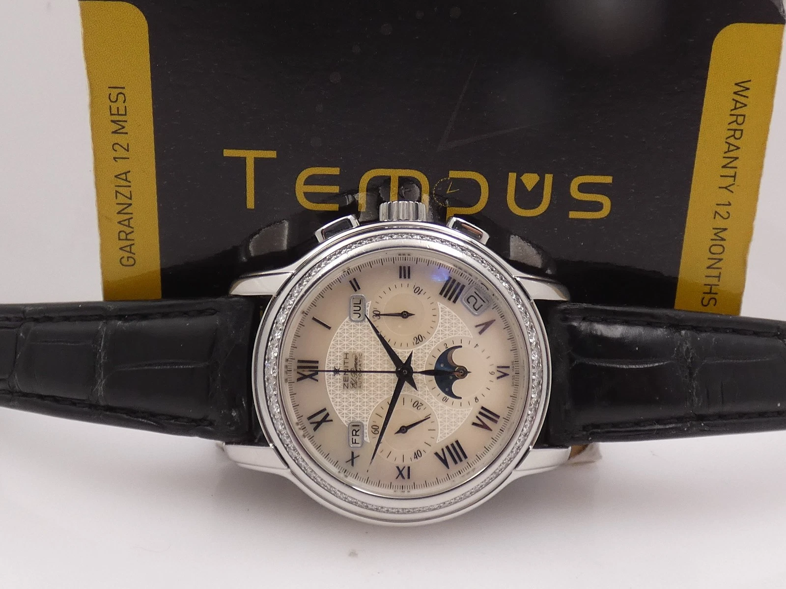 Zenith — ZENITH CHRONOMASTER THE FIRST 37.5mm CALENDAR MOON PHASE DIAMONDS BEZEL WATCH